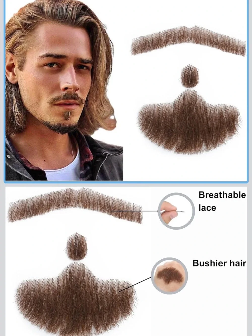 Van Dyke Natural Brown Breathable Lace Beard and Moustache Set for Men Hair